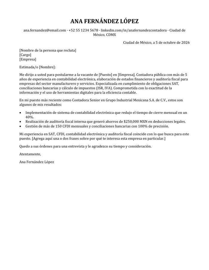 Vista previa de la carta de presentación de ejemplo