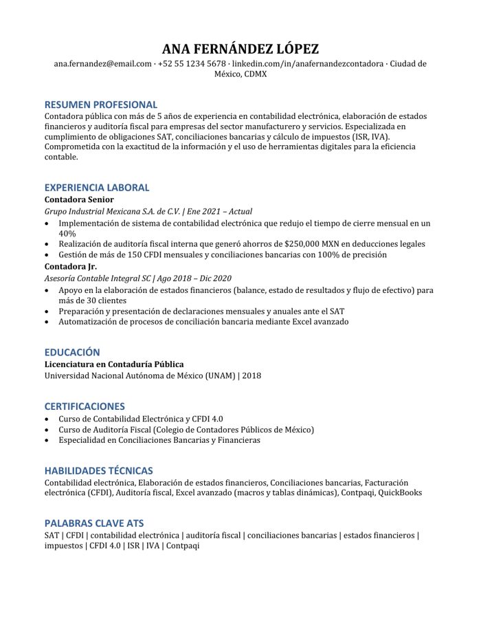 Vista previa del currículum de ejemplo (contadora)